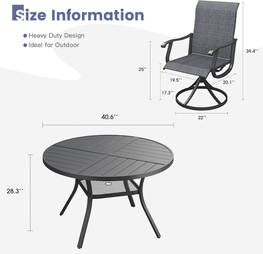 VICLLAX 5 Pieces Patio Dining Set, Patio Furniture Set of 4 Patio Swivel Dining Chairs and 40.6' Patio Spliced Round Tabletop with Storage Shelf, Dark Charcoal Chairs & Black Tabletop