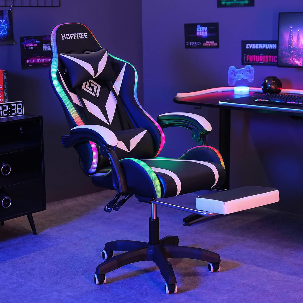 HOFFREE Gaming Chair Massage with Bluetooth Speakers and Led Lights Ergonomic Computer Gaming Chair with Footrest RGB Video Game Chair with High Back Lumbar Support White and Black