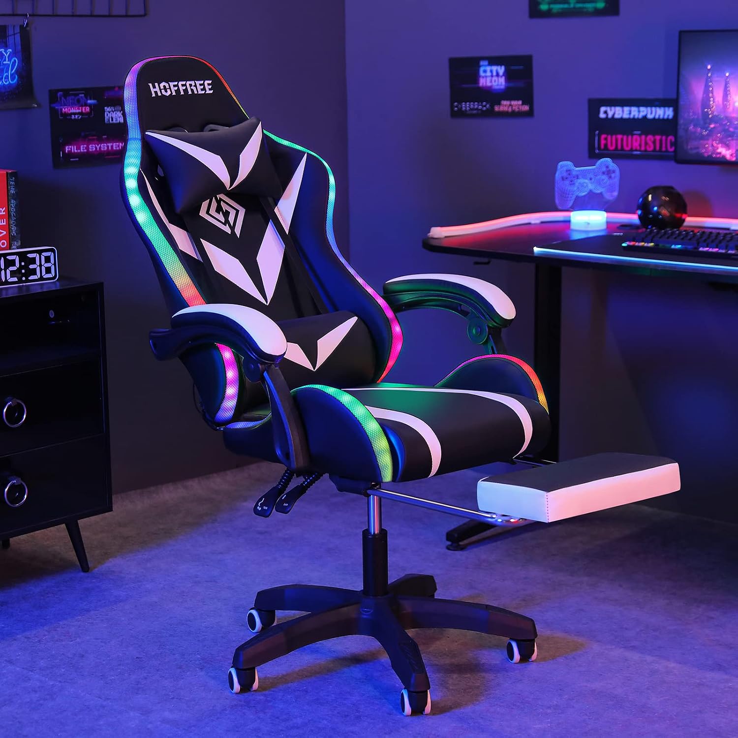 HOFFREE Gaming Chair Massage with Bluetooth Speakers and Led Lights Ergonomic Computer Gaming Chair with Footrest RGB Video Game Chair with High Back Lumbar Support White and Black