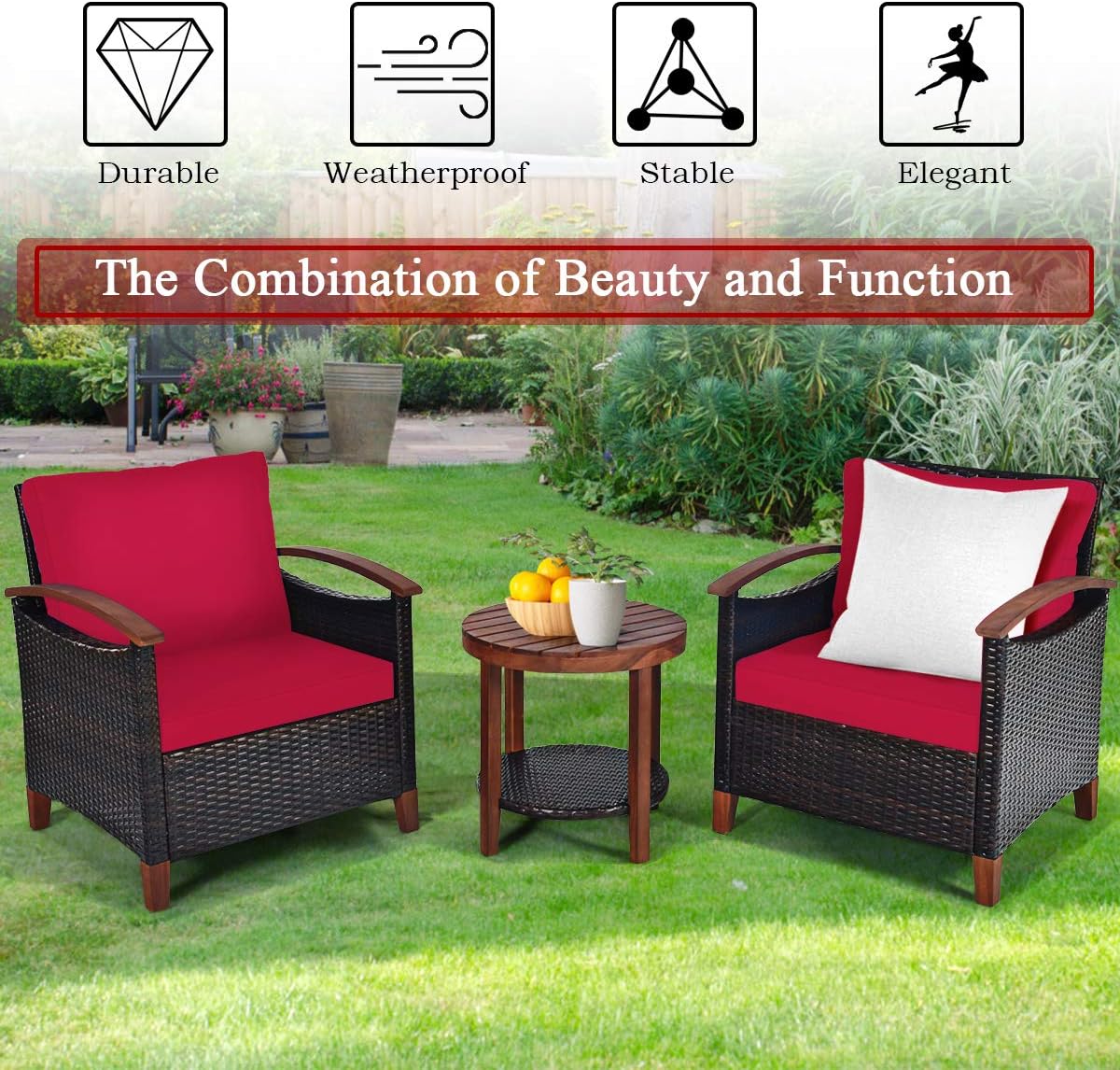Tangkula 3 Pieces Patio Furniture Set, Outdoor Rattan Sofa and Side Table w/Solid Acacia Wood Frame, High Load Bearing Conversation Bistro Set w/Washable and Removable Cushions (Red)