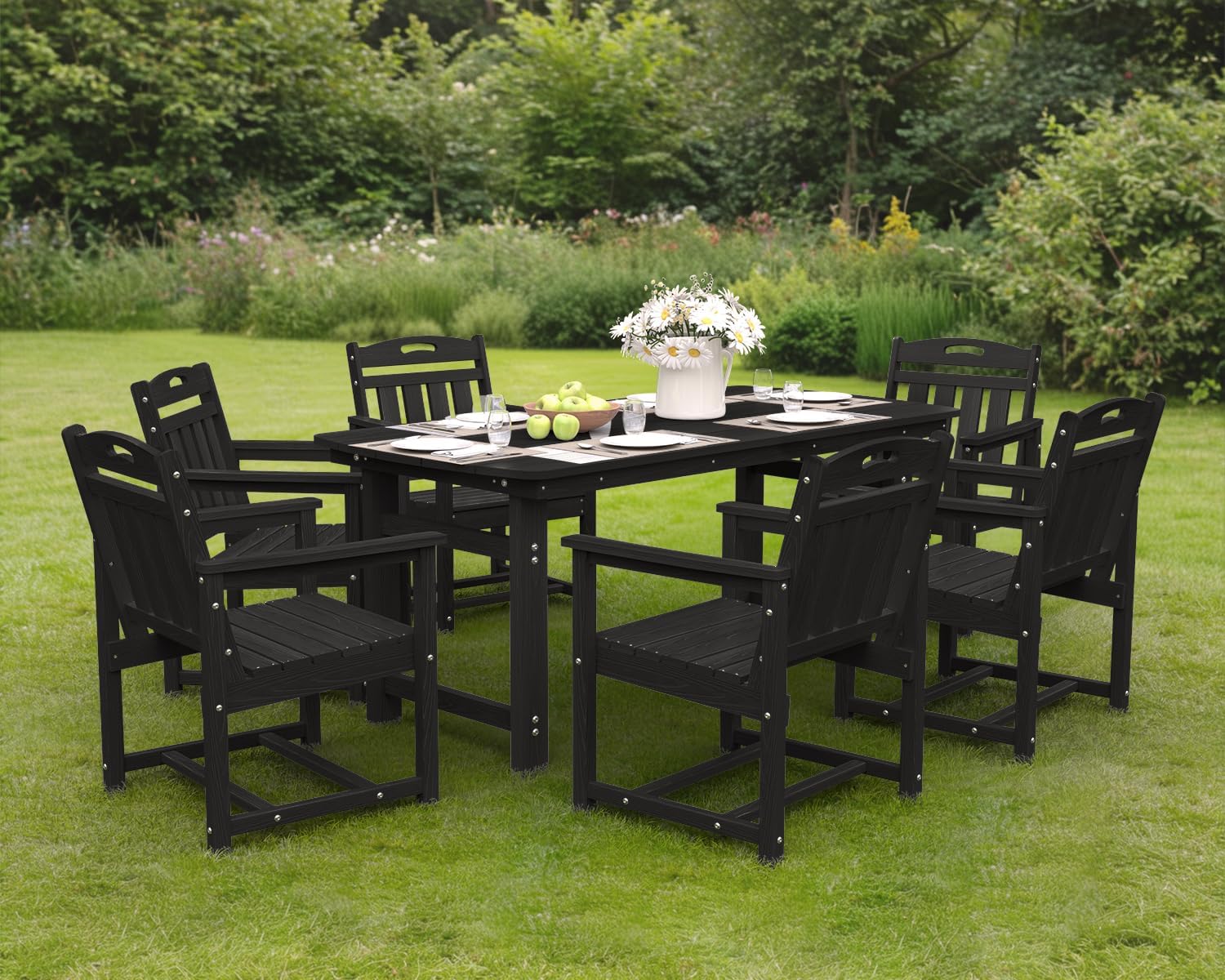 Ciokea HDPE Outdoor Dining Table with Umbrella Hole,66' Rectangle Patio Table for 6,All-Weather Outdoor Patio Furniture Set for Garden Backyard,Black