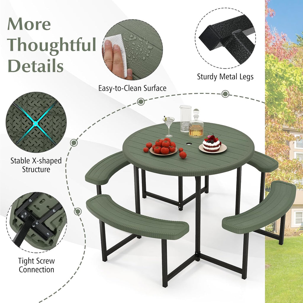 Giantex Picnic Table Bench Set for 4-8 Person, Round 37' Outdoor Dining Table w/Umbrella Hole, HDPE Tabletop, Metal Frame, Patio Furniture Set for Backyard Porch Lawn, 1400lb Capacity (Green,Round)