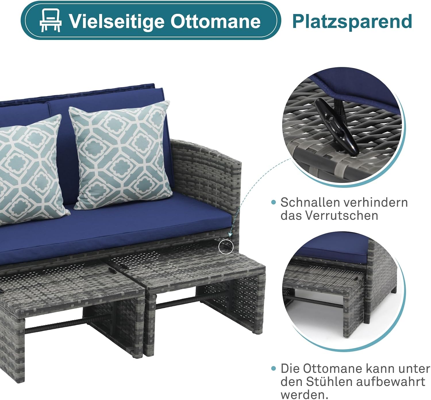 OC Orange-Casual Patio Furniture Set,3 Pieces Outdoor Wicker Conversation Loveseat with Ottomans for Porch, Gray Rattan Navy Blue Cushions
