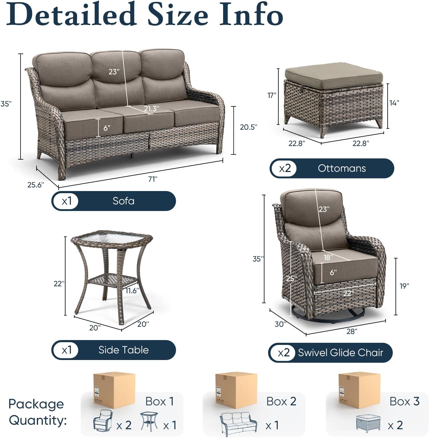 Belord Luxury 6' Thick Cushioned 6 Pieces Patio Furniture Set with Outdoor Couch, Wicker Outdoor Conversation Set with High Back Swivel Rocker Chairs for Deck Porch Yard and Poolside - Grey+Grey