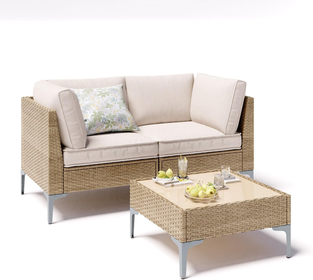 JOYURE 3 Piece Wicker Patio Furniture Set,Outdoor Conversation Loveseat Sectional Sofa w/Coffee Table,All-Weather Outdoor Sofa with Thick and Anti-Slip Cushions for Deck,Poolside,Garden,Beige