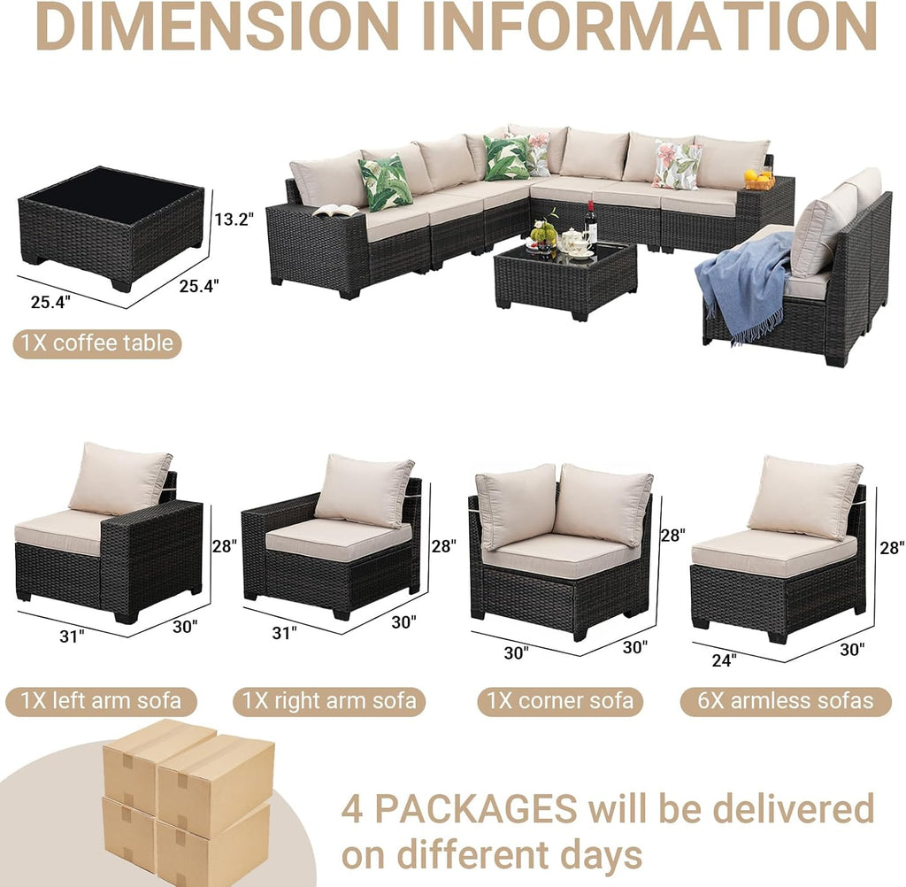 Jing's Villa 10-Piece Patio Furniture Set, All-Weather Outdoor Wicker Sectional Sofa with Cushions, Glass Table & Left and Right Armrest, Rattan Conversation Seating for Porch, Garden, Backyard,Beige