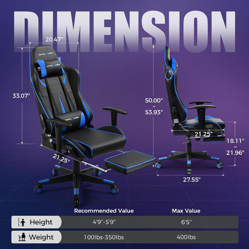 GTPLAYER Gaming Chair with Speakers, Video Game Chairs with Footrest for Adults, Ergonomic Computer PC Gamer Reclining Chair(Blue)