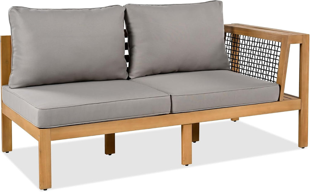 4 Piece Outdoor Patio Furniture Set, L-Shaped Patio Sofa Set with Coffee Table and Woven Mesh Armrests, All-Weather Conversation Seat with Cushions and Side Table (Gray+Natural)