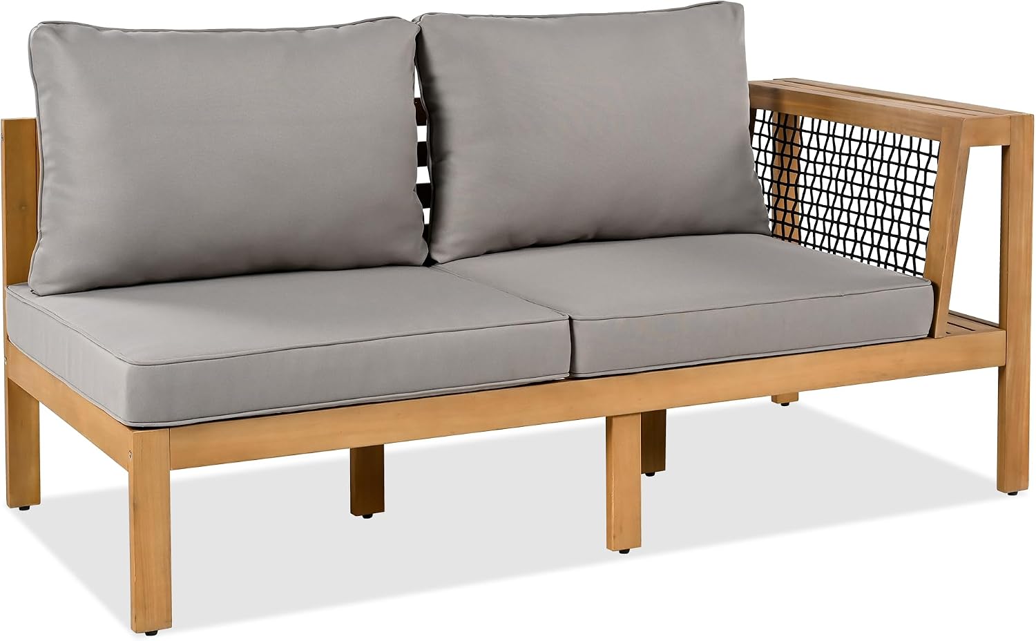 4 Piece Outdoor Patio Furniture Set, L-Shaped Patio Sofa Set with Coffee Table and Woven Mesh Armrests, All-Weather Conversation Seat with Cushions and Side Table (Gray+Natural)