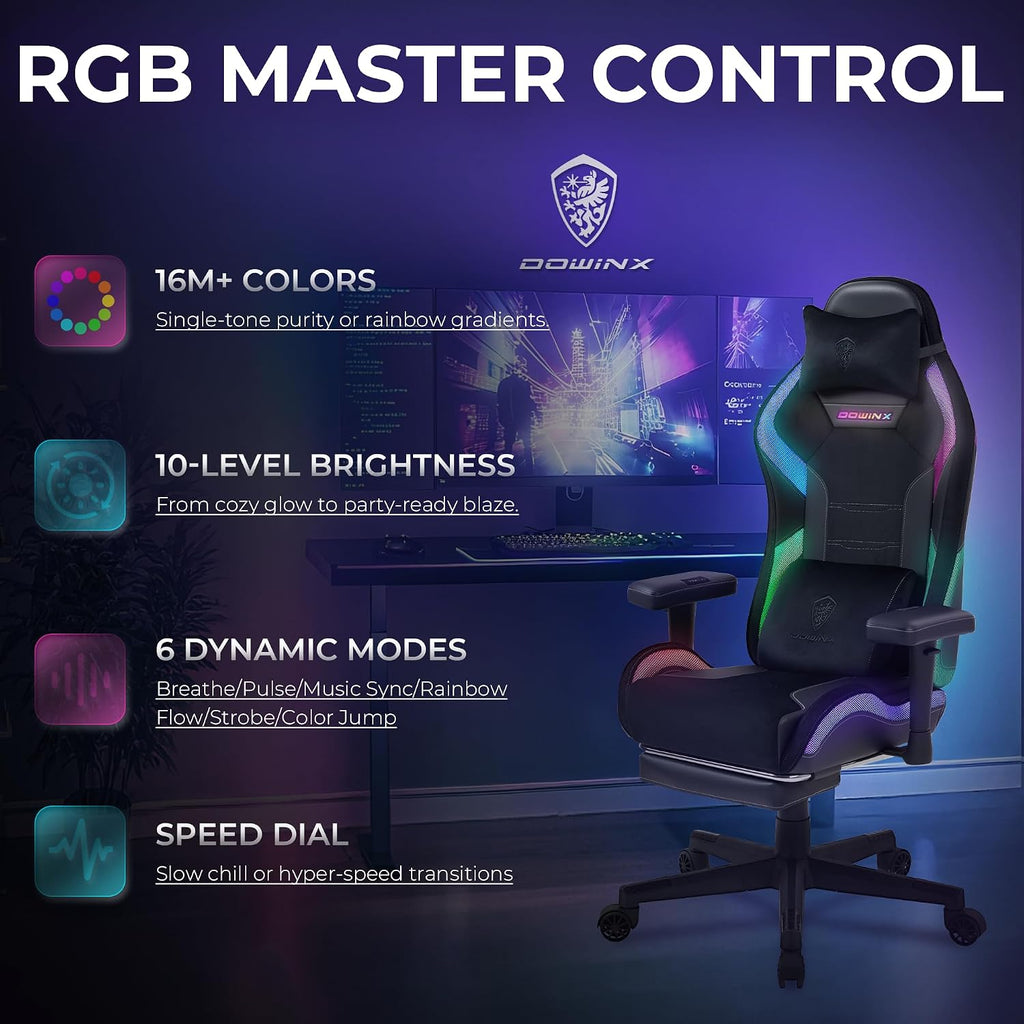 Dowinx Gaming Chair with RGB LED Lights, Ergonomic Game Chair with Footrest Massage Lumbar Support, Computer Gamer Chair for Adults Teens, Black