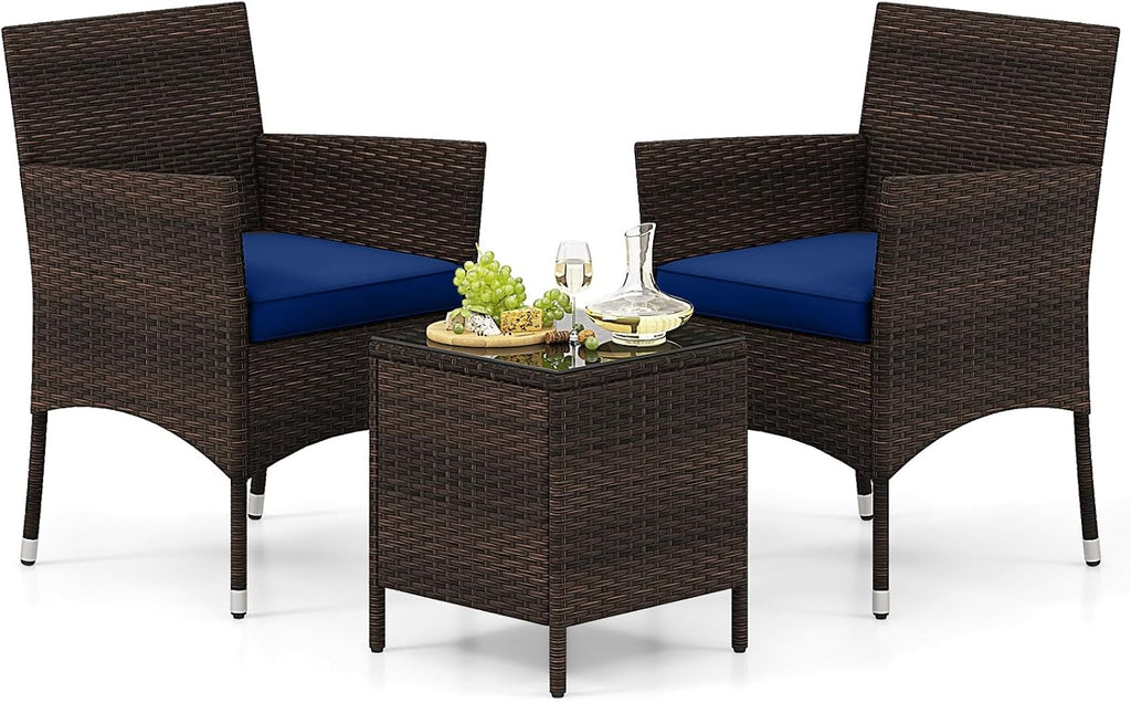 Tangkula 3 Pieces Patio Rattan Furniture Set, Outdoor Conversation Set with PE Wicker Armchairs, Tempered Glass Top Coffee Table, Soft Removable Cushions, for Porch Garden Yard Balcony (Navy)