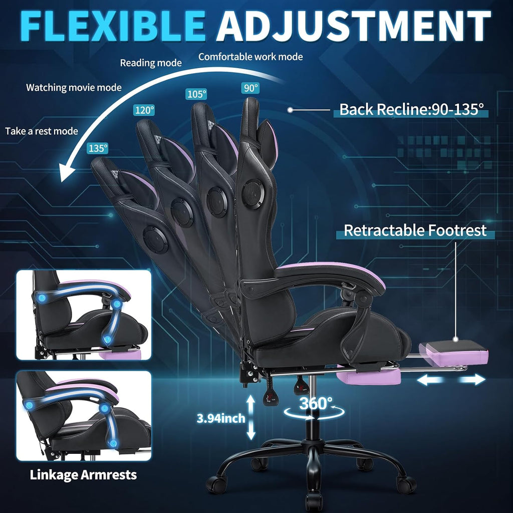 Gaming Chair with Bluetooth Speakers and RGB LED Lights Ergonomic Massage Computer Gaming Chair with Footrest Video Game Chair High Back with Lumbar Support Purple and Black