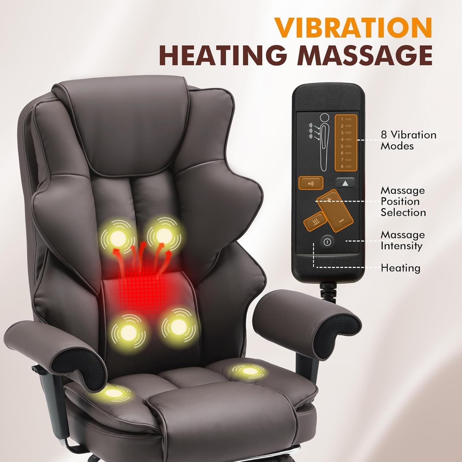 HOMREST 6-Point Massage Executive Chair,Heat Office Chair,Ergonomic Home Office Desk Chairs with Retractable Footrest and Reclining Function,Leather Computer Chair with Adjustable Armrest(‌Brown)