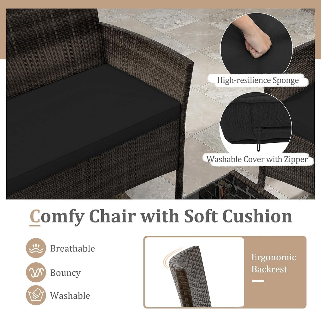 KOTEK 4 Piece Patio Furniture Set, Outdoor Rattan Conversation Set with Loveseat, Wicker Chairs, Tempered Glass Coffee Table, Wicker Patio Set for Backyard, Porch (Black)