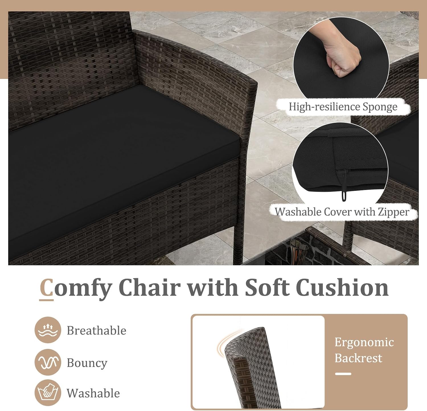 KOTEK 4 Piece Patio Furniture Set, Outdoor Rattan Conversation Set with Loveseat, Wicker Chairs, Tempered Glass Coffee Table, Wicker Patio Set for Backyard, Porch (Black)