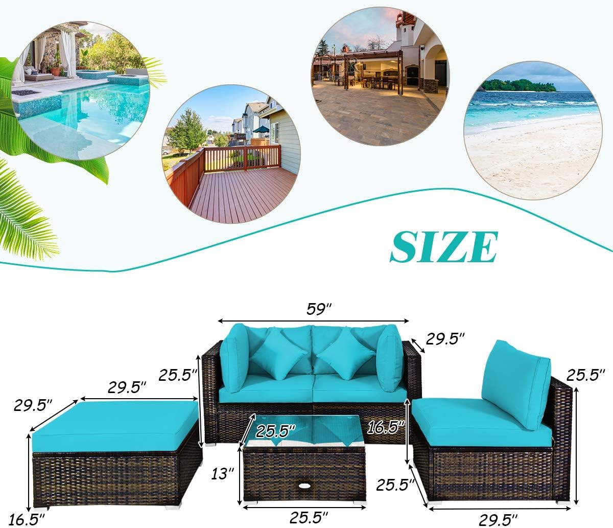 COSTWAY 5-Piece Outdoor Patio Furniture Set, Glass Top Coffee Table and Lounge Sofa with Cushions, PE Rattan Conversation Set for Garden, Deck, Backyard (Turquoise)