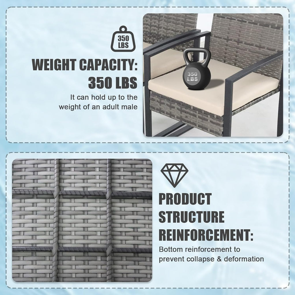 3 Pieces Patio Furniture Set,Wicker Rattan Chairs for Garden Backyard Balcony Porch Poolside, Set with Glass Table and Soft Cushions (Gray+Beige)