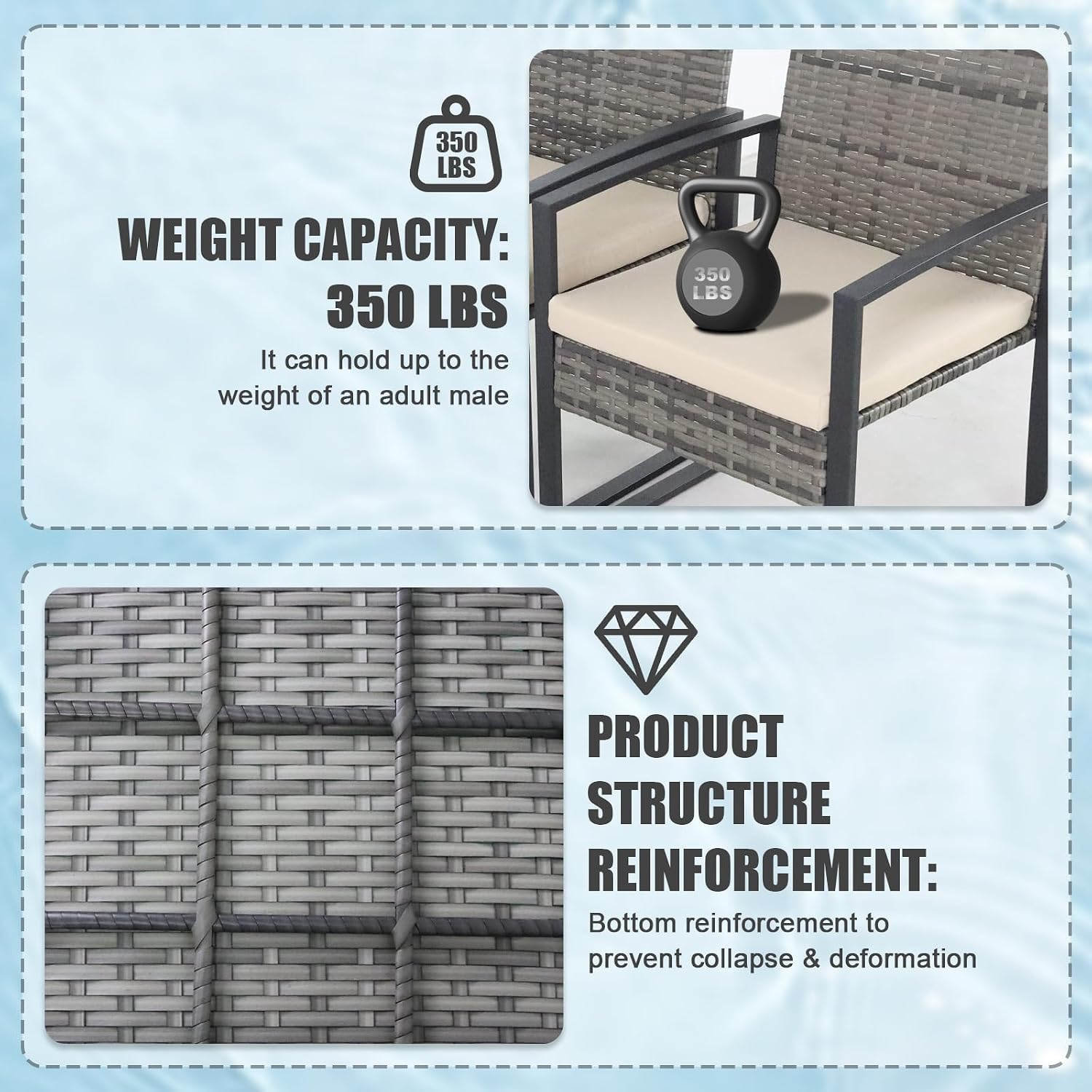 3 Pieces Patio Furniture Set,Wicker Rattan Chairs for Garden Backyard Balcony Porch Poolside, Set with Glass Table and Soft Cushions (Gray+Beige)