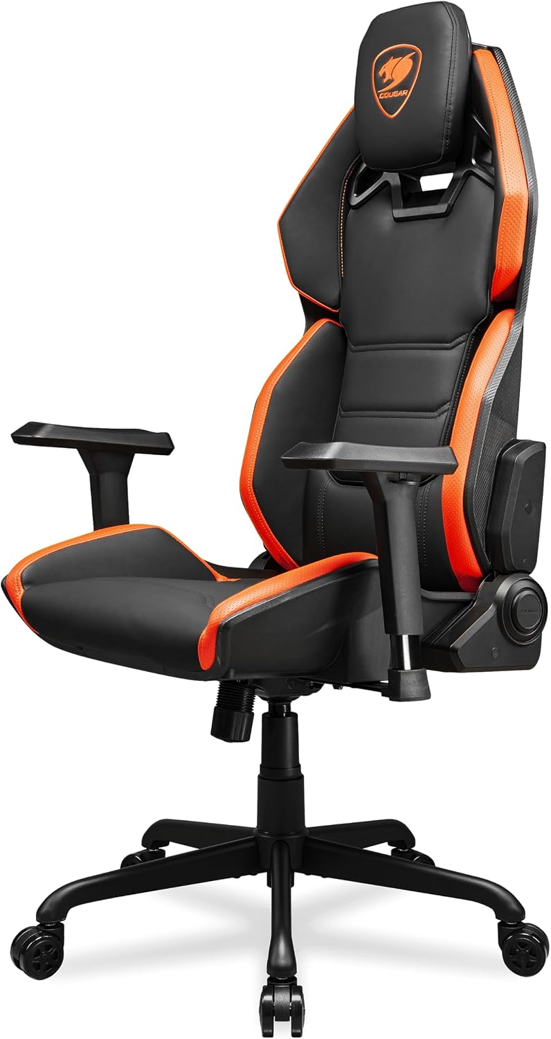 Cougar Hotrod Ergonomic and Comfortable Gaming Chair with Head and Lumbar Support, Steel Frame and Base, Reclining Backrest, Tilt Mechanism, Premium Hyper-Dura Leatherette, 3D Armrest, BK/Orange