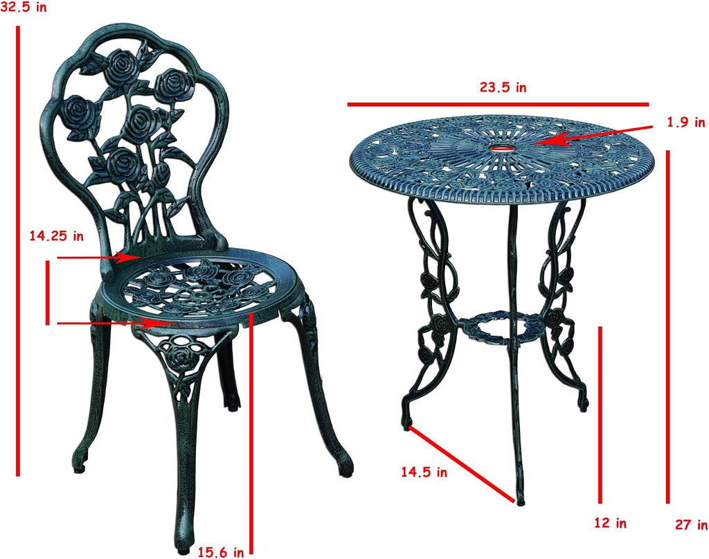Oakland Living Cast Aluminum Conversation Set Metal Antique Green 3 Piece Patio Rose Bistro Set