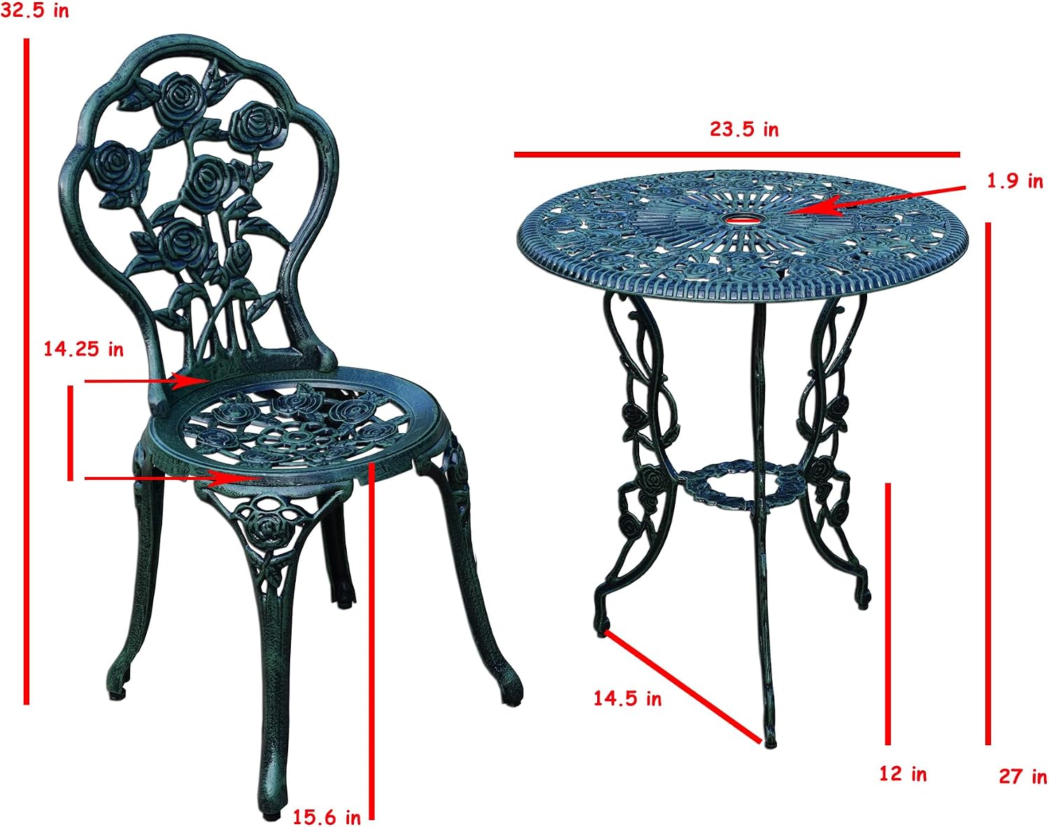 Oakland Living Cast Aluminum Conversation Set Metal Antique Green 3 Piece Patio Rose Bistro Set