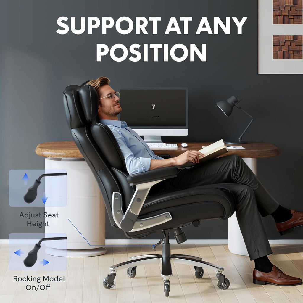 FLEXISPOT 600lbs Big and Tall Office Chair for Heavy People, Heavy Duty Computer Desk Chair with Dynamic Lumbar Support 2D Armrest Blade Wheels, Chairs for Home Office Gaming Working, Leather, Black