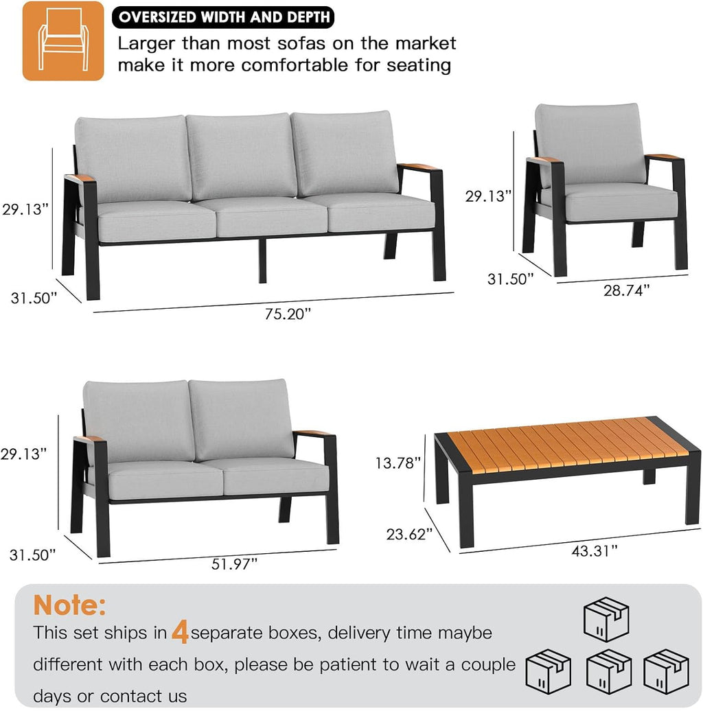 Outdoor Couch Aluminum Patio Furniture Set, 2-Piece All-Weather Metal Armchair Sofa with Solid Teak Armrest and Thick Cushions, Light Gray