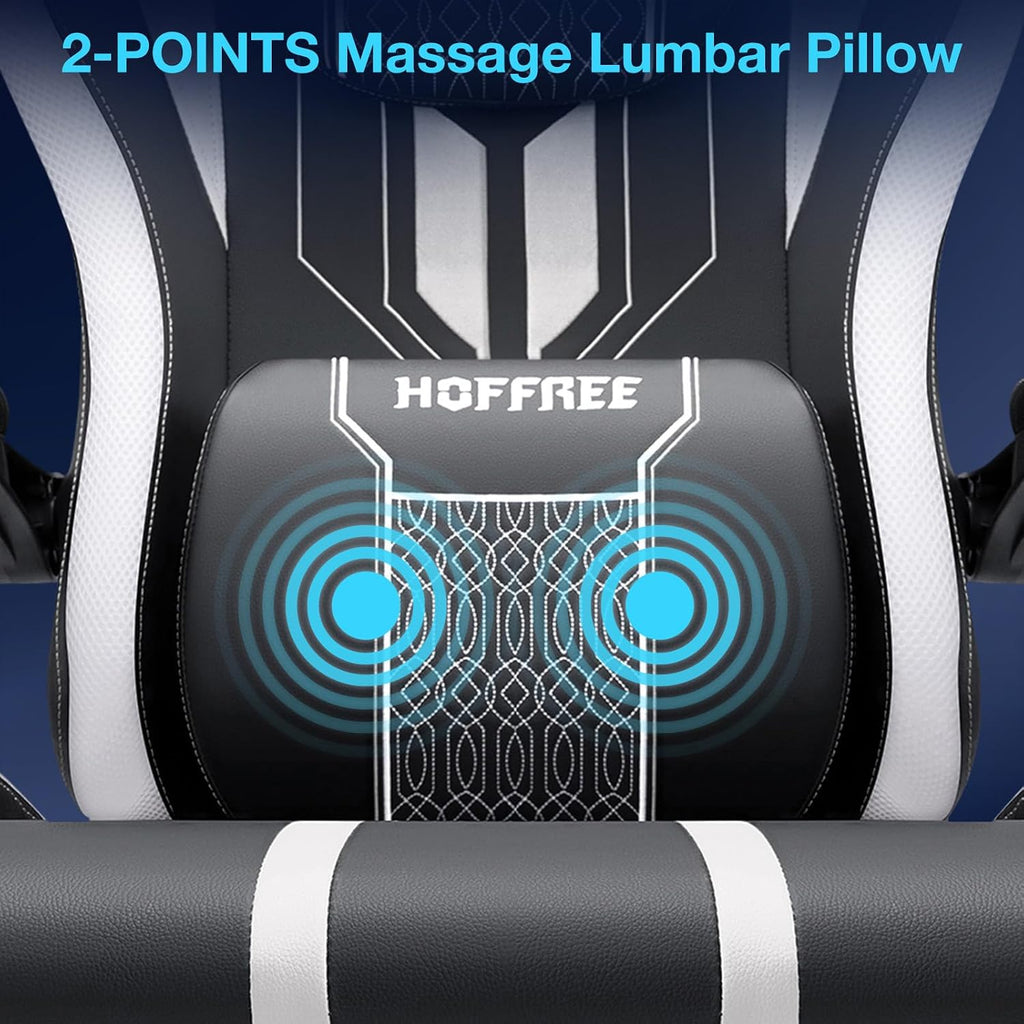 HOFFREE LED Gaming Chair with Bluetooth Speakers Massage Gaming Chair with RGB Lights Big and Tall Game Chairs for 400lbs Heavy People High Back Computer Desk Chair with Footrest White and Black
