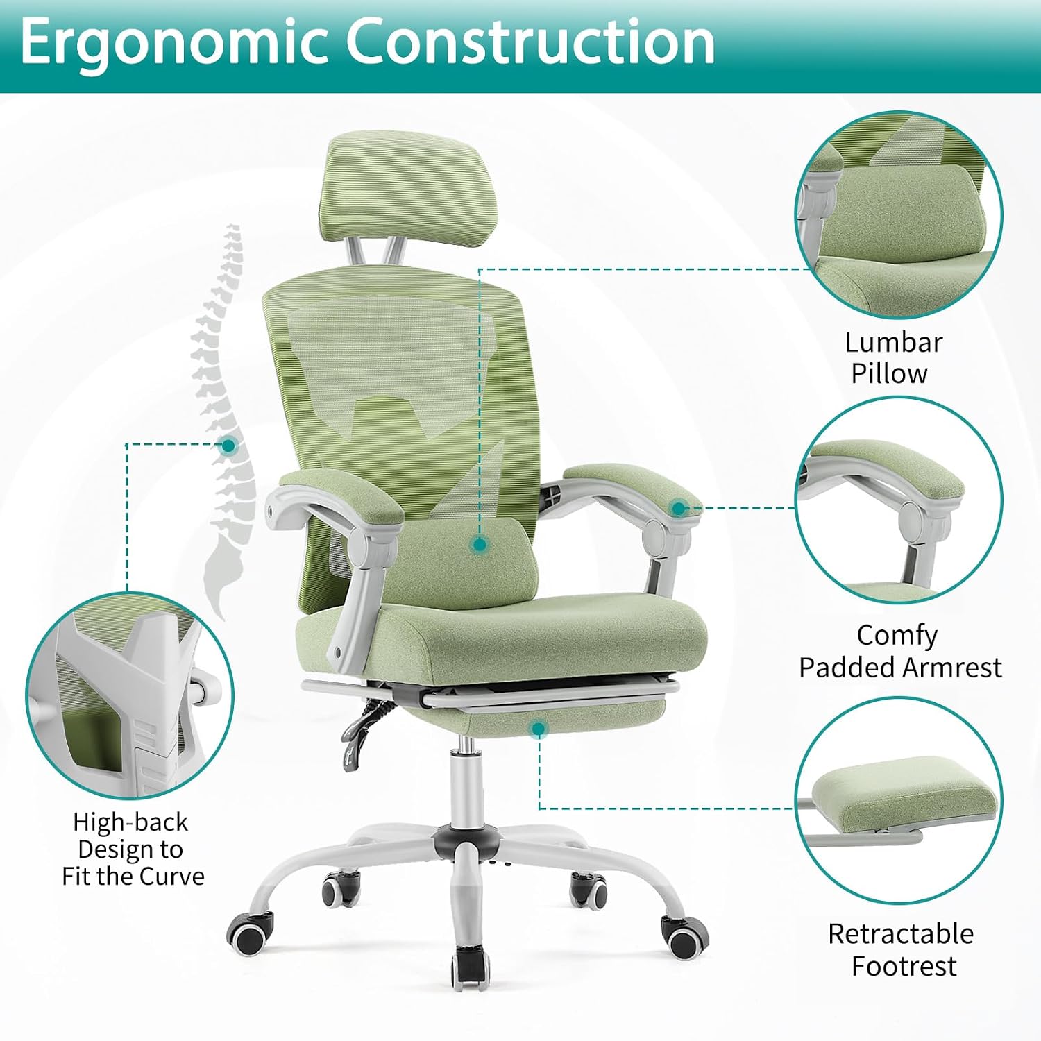 DUMOS Office Desk Chair with Footrest Ergonomic Gaming Chair for Adults Computer Mesh, Lumbar Support,Swivel Reclining with Headrest, Comfy Armrest for Home, Office, Work, Study, Light Green