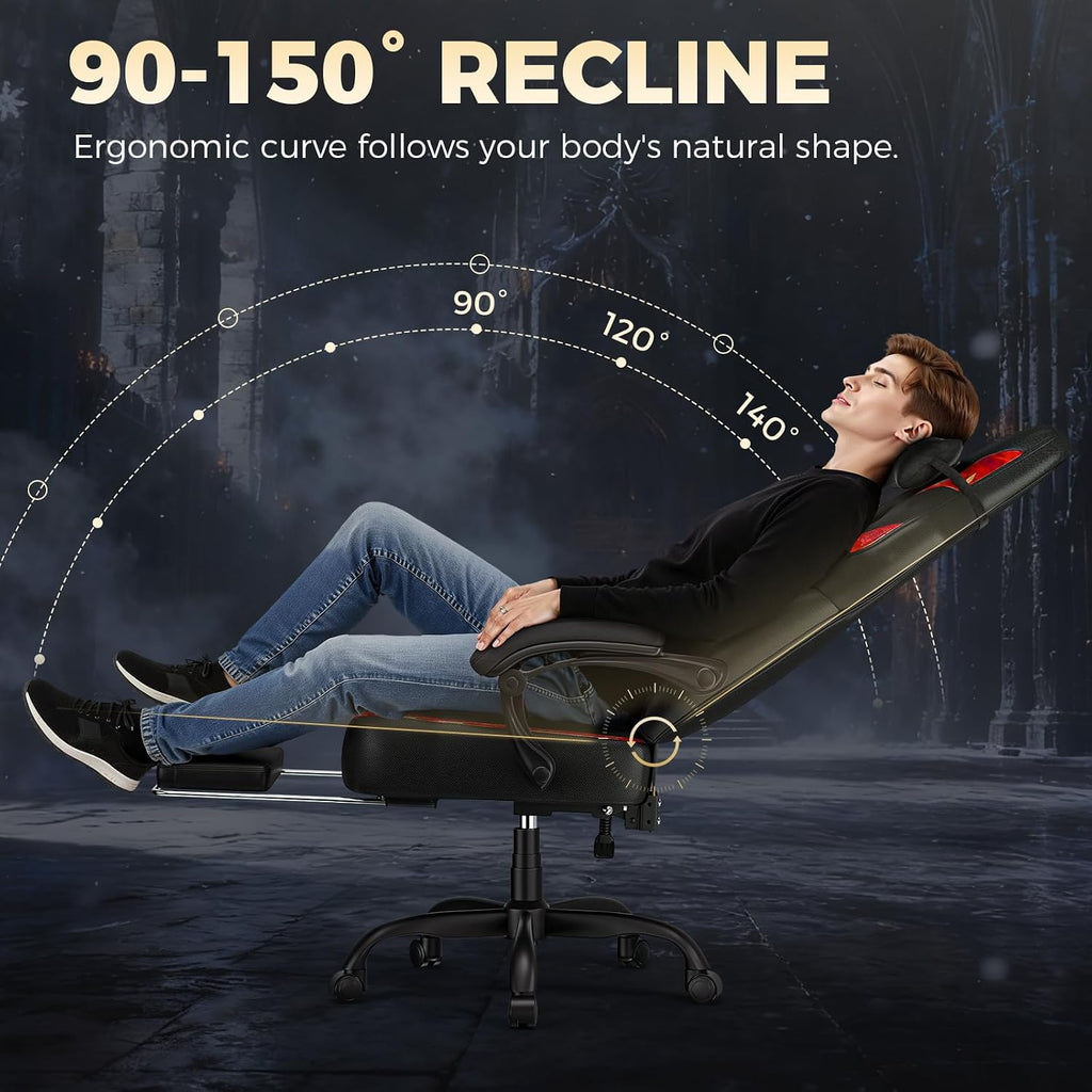 GTPLAYER Big and Tall Gaming Chair for Adults, Ergonomic Office Chair with Footrest, Heavy Duty 350 lbs Capacity, High Back, Premium Leather & Iridescent Trim, ACE-Armor, Black & Red