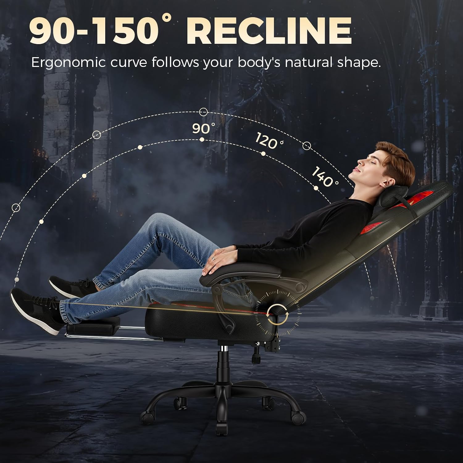 GTPLAYER Big and Tall Gaming Chair for Adults, Ergonomic Office Chair with Footrest, Heavy Duty 350 lbs Capacity, High Back, Premium Leather & Iridescent Trim, ACE-Armor, Black & Red