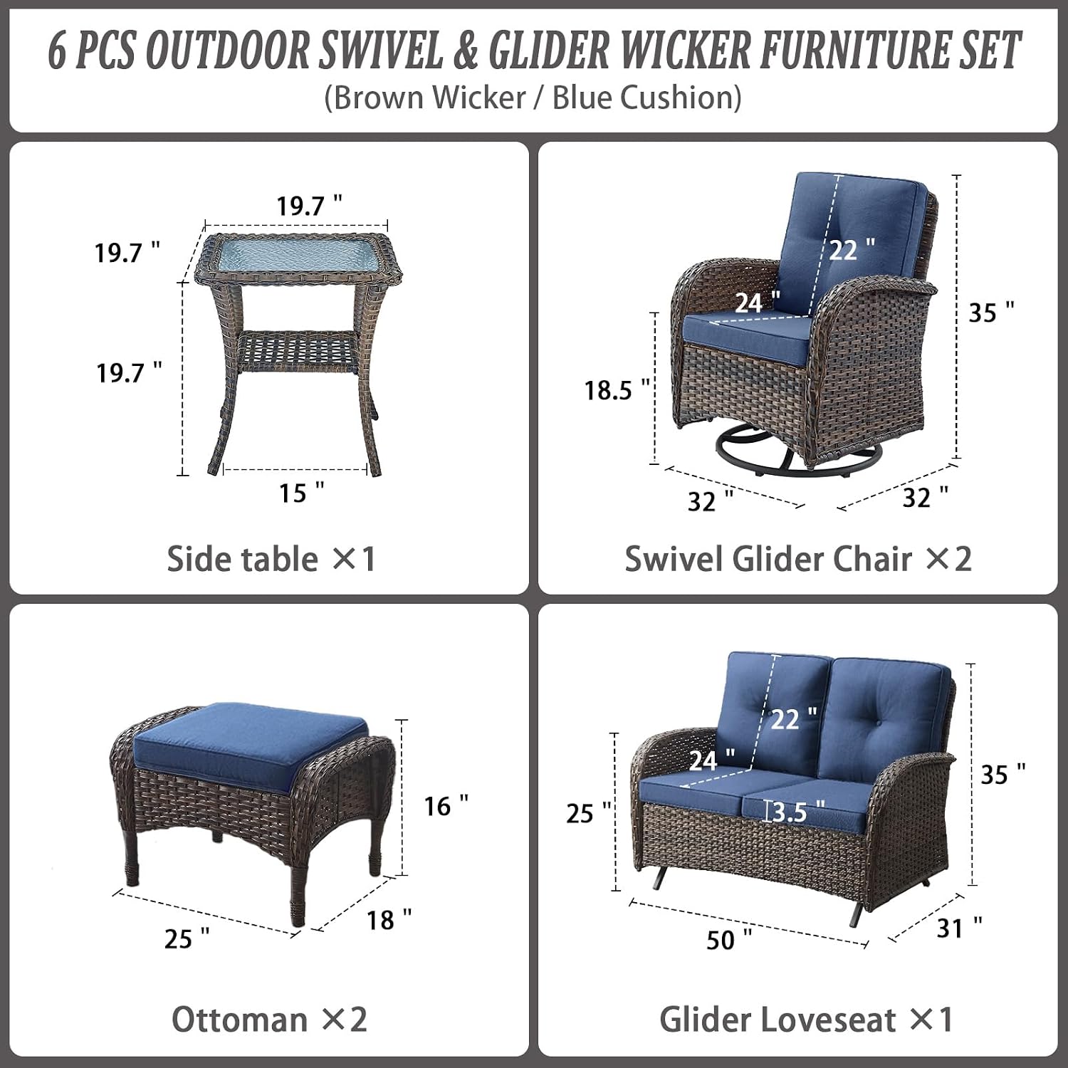 Belord 6 Piece Patio Conversation Sets - Wicker Patio Furniture Sets with Outdoor Swivel Rocker Chairs, Glider Loveseat Perfect for Patio Deck Backyard, Brown Wicker Blue Cushion