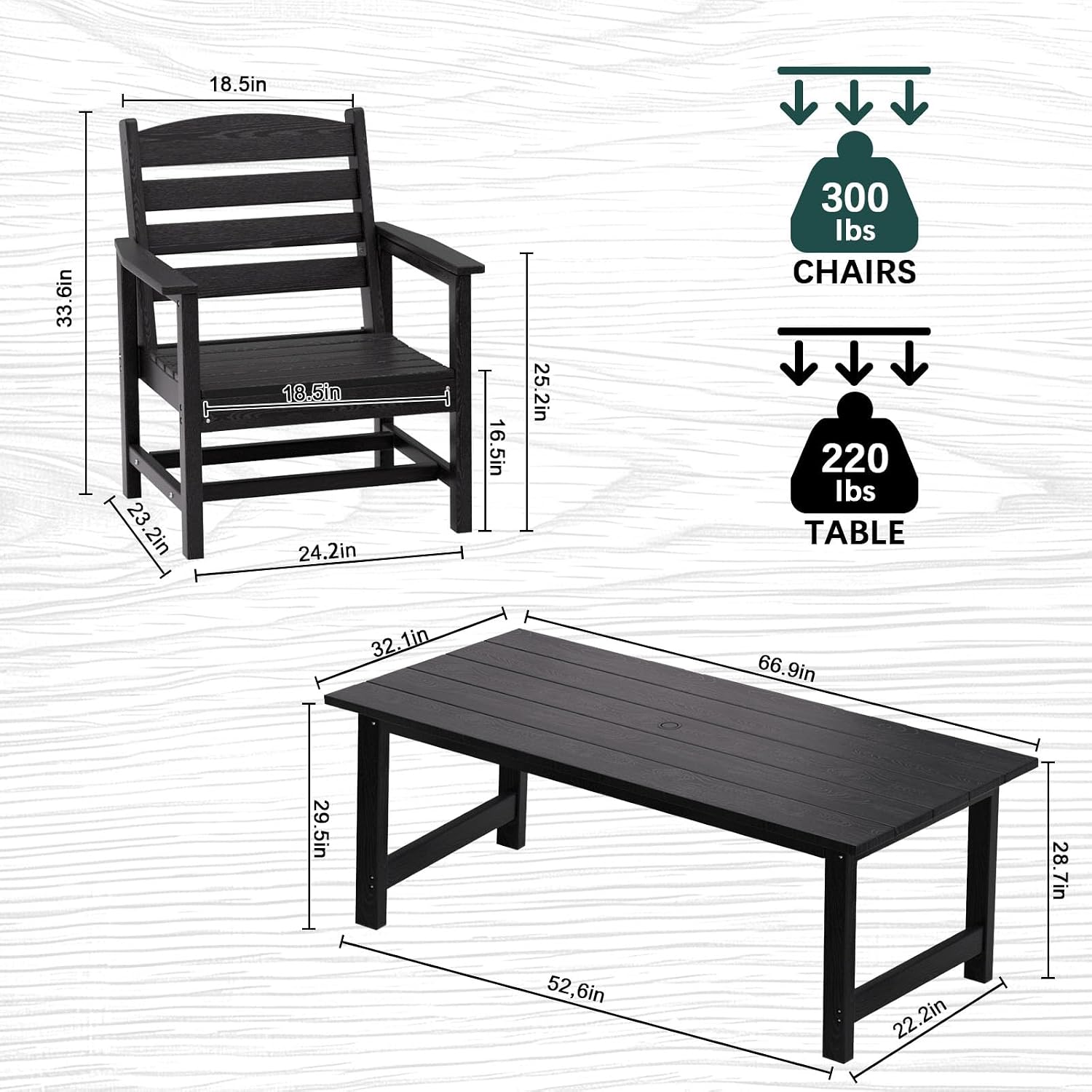 TenKa HDPE Patio Outdoor Furniture Set，Dining Table and Chairs,Outdoor Table with Umbrella Hole, Outdoor Dining Set for Garden, Backyard, Lawn, and Poolside (Black, 2 Chairs)