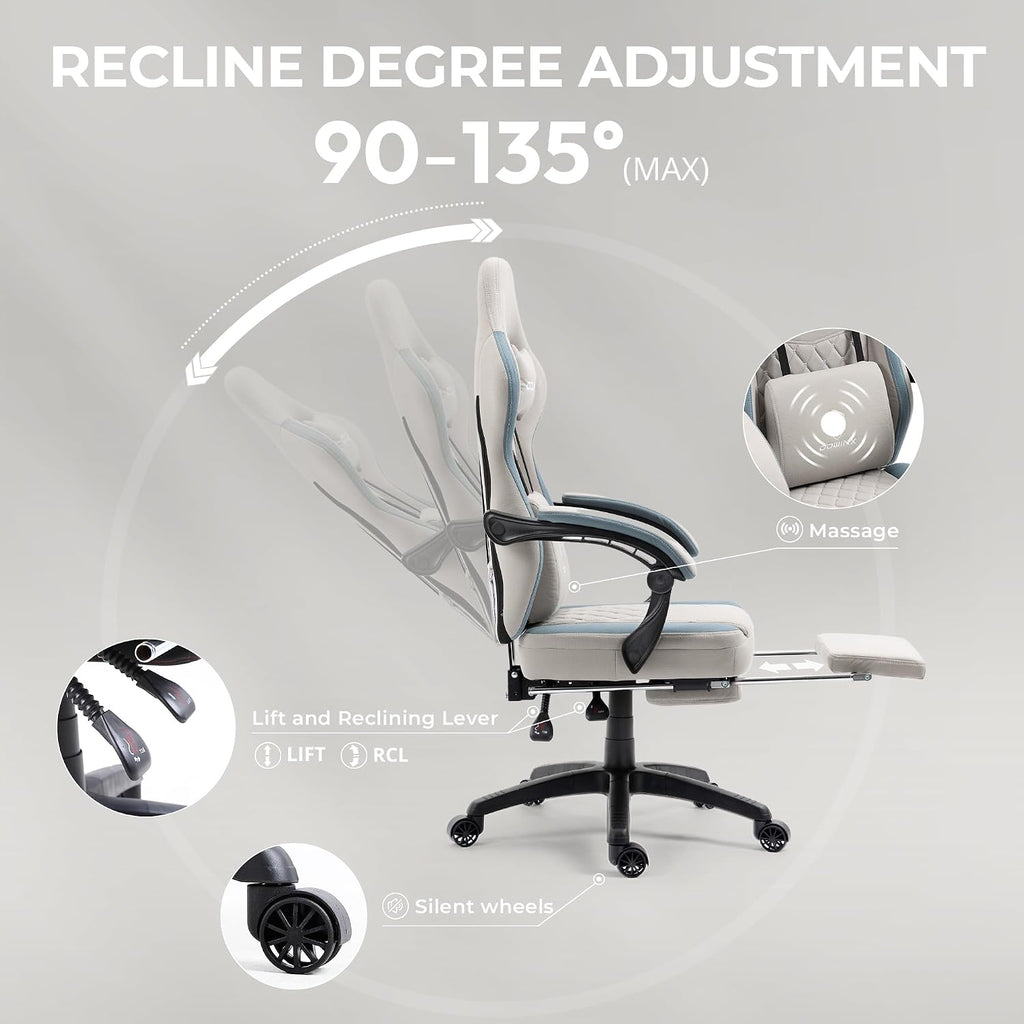 Dowinx Gaming Chair Breathable Fabric Game Chair with Gel Pad and Storage Bag, Comfortable Gamer Chair with Pocket Spring Cushion,Ergonomic Computer Chair with Footrest,Grey