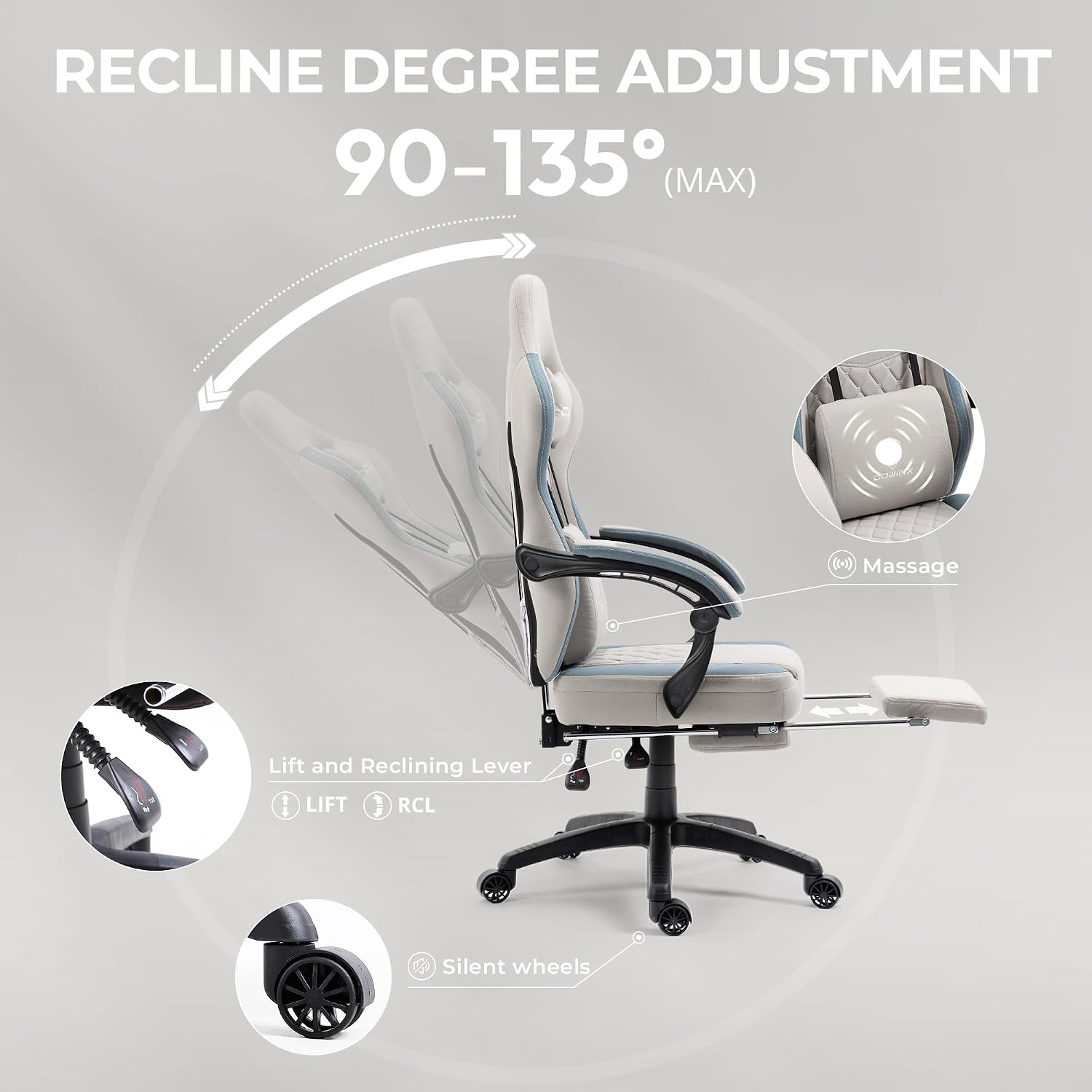 Dowinx Gaming Chair Breathable Fabric Game Chair with Gel Pad and Storage Bag, Comfortable Gamer Chair with Pocket Spring Cushion,Ergonomic Computer Chair with Footrest,Grey