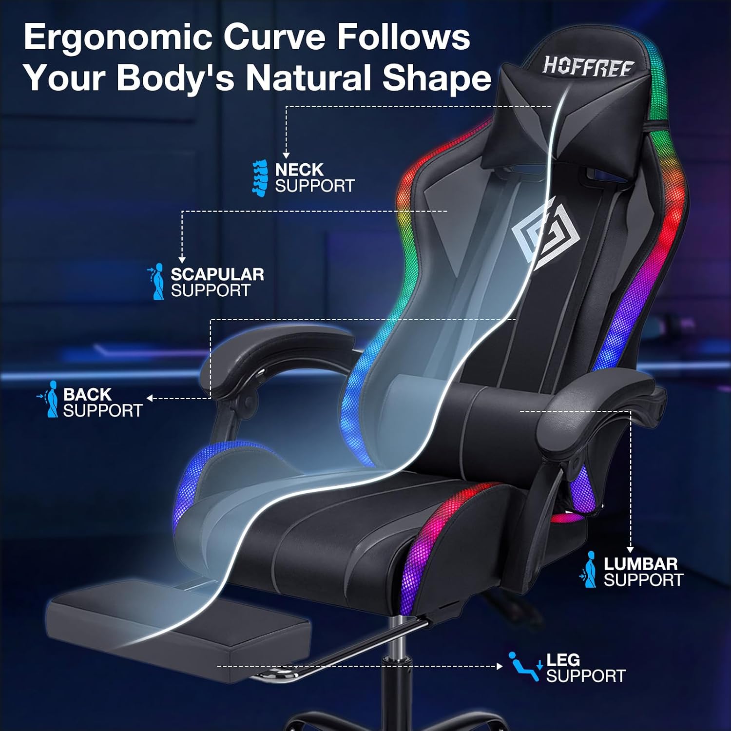 HOFFREE RGB Gaming Chair with Speakers Massage Computer Gaming Chair with LED Lights and Footrest High Back Video Game Chair for Adults Grey and Black
