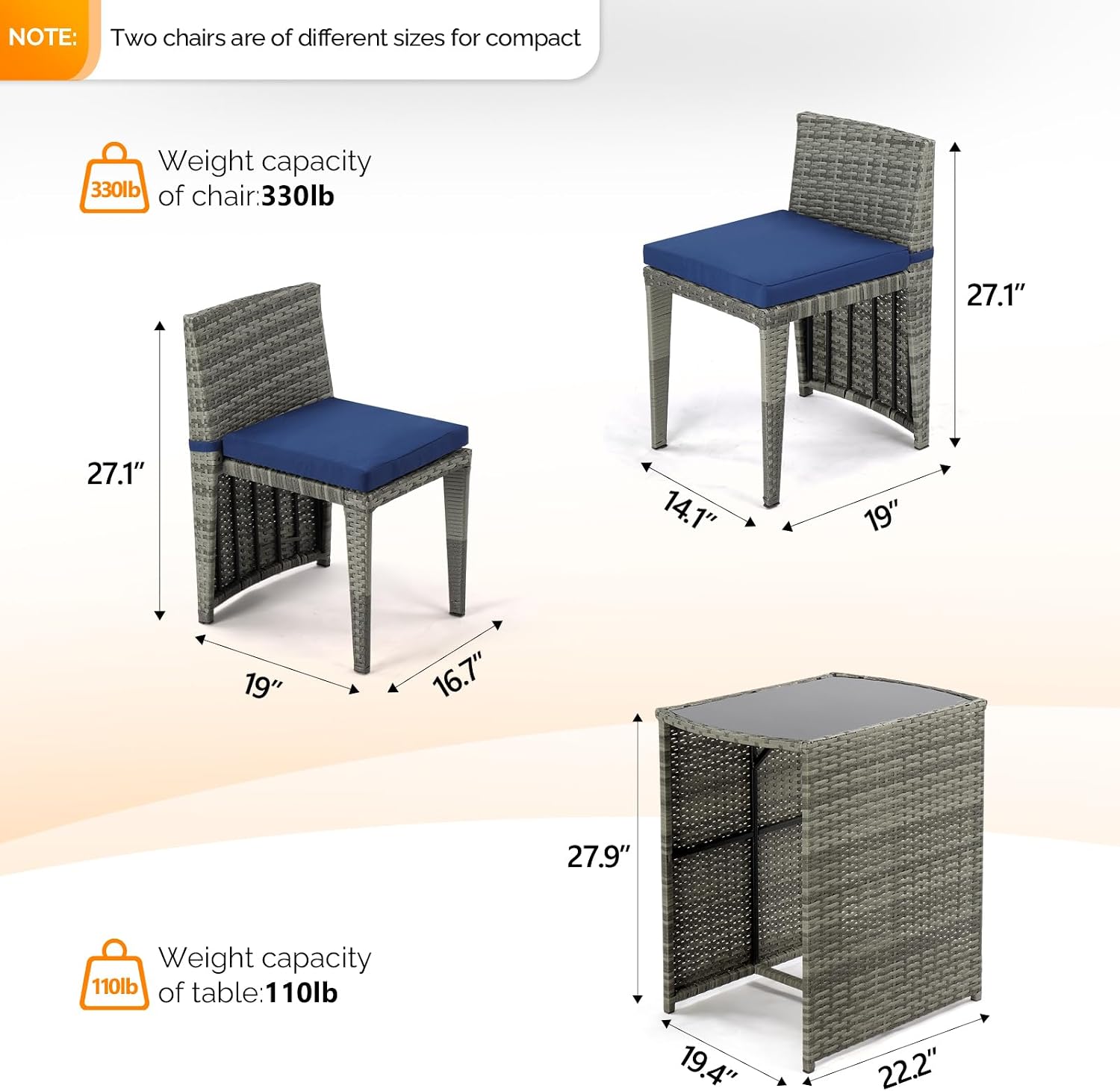 Bonnlo 3 PCS Wicker Outdoor Patio Bistro Set, Patio Furniture Set for Small Space with Glass Top Table Dining Chairs, Balcony Furniture Patio Table and Chairs Set of 2 for Garden Yard Porch (Grey)