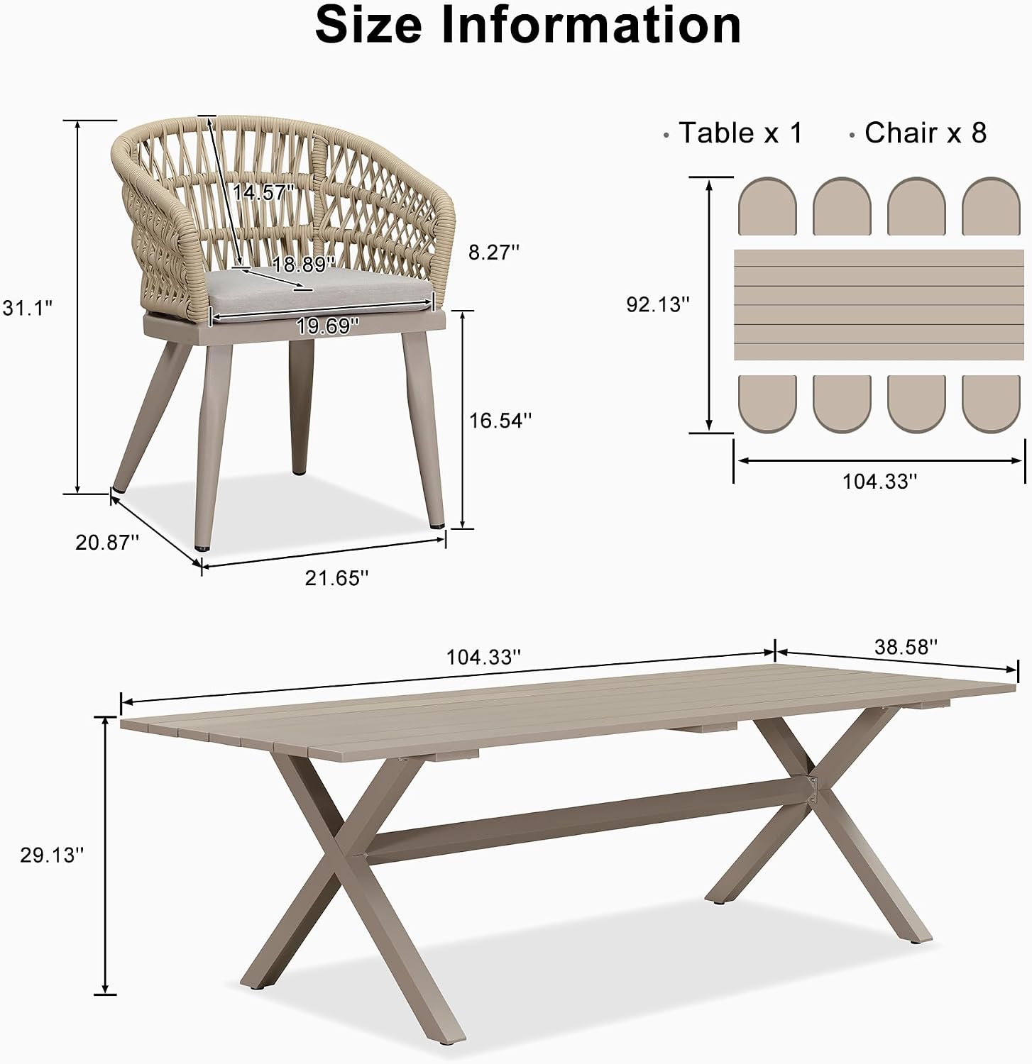 PURPLE LEAF Outdoor Dining Set All-Weather PE Rattan Outdoor Patio Dining Furniture Set with All Aluminum Frame Rectangular Table and 8 Chairs Set for Lawn Garden Backyard Deck, Champagne