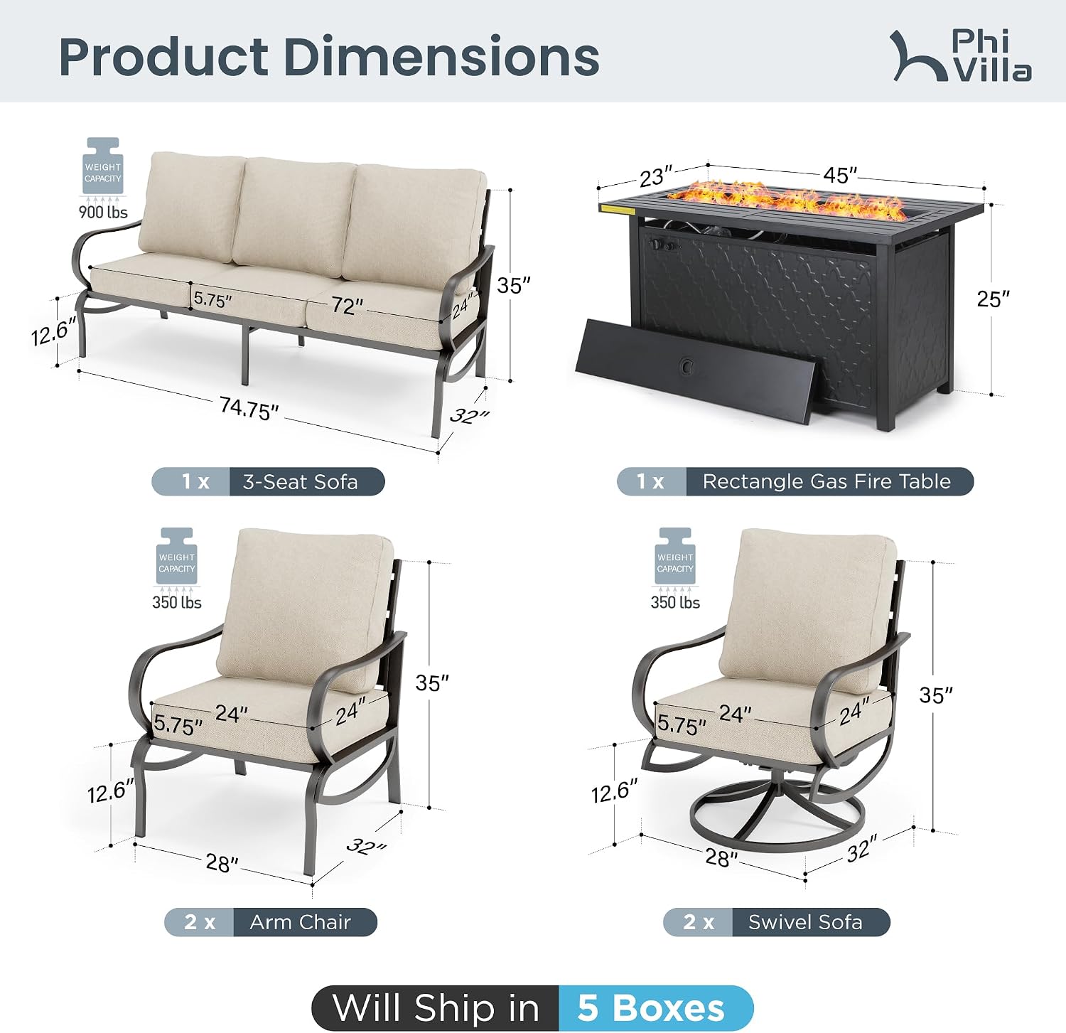 PHI VILLA Patio Conversation Set with Fire Pit, 7 Seat with 45' Firepit Table, Swivel & Fixed, Beige