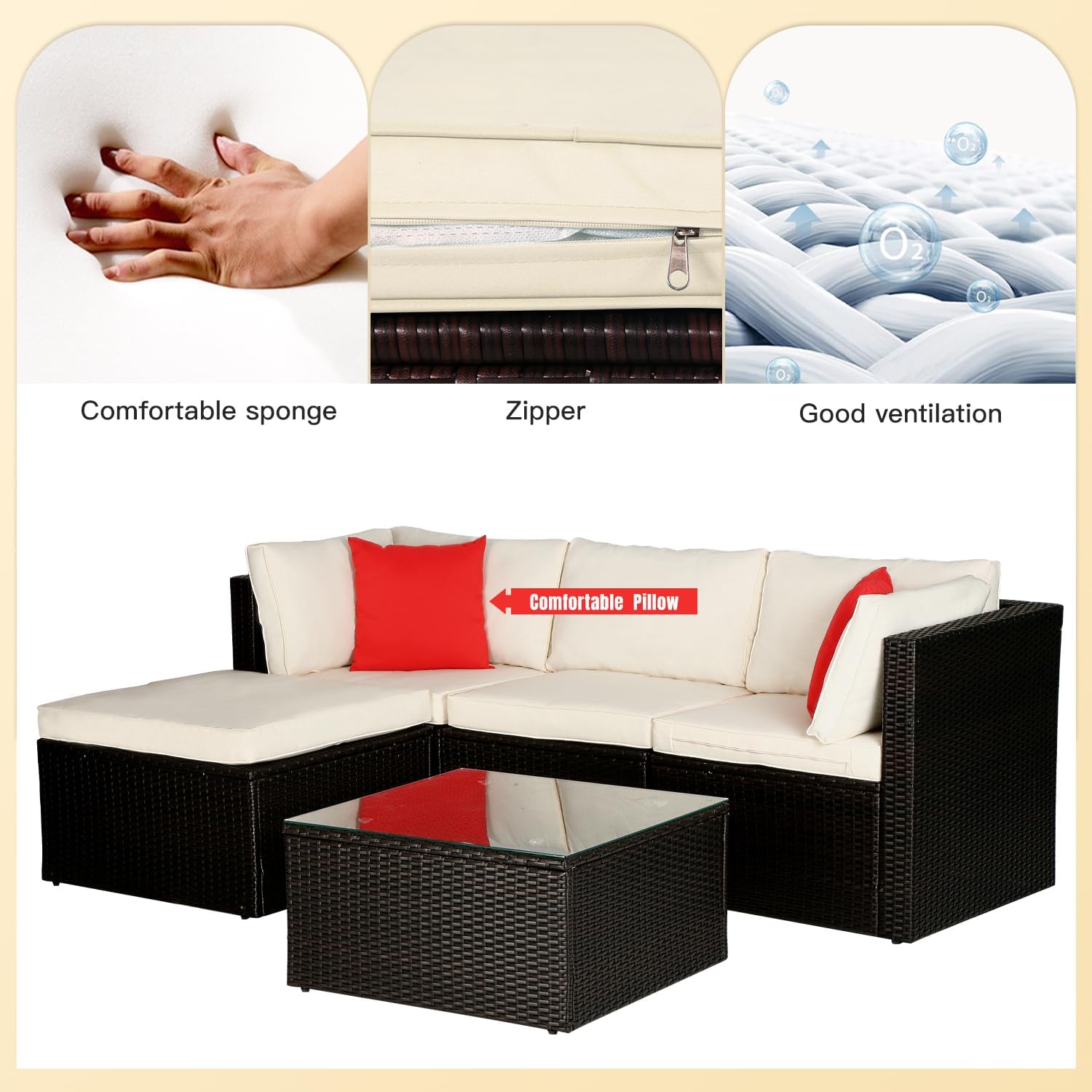 5 Pieces Patio Furniture Set Outdoor Sectional Furniture All Weather Outdoor Couch Rattan Sofas Deck Furniture with Sponge Cushion Headrest and Glass Table for Backyard Deck Poolside Yard Pool,Khaki