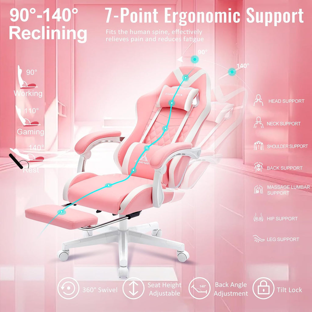 Pink Gaming Chair,Ergonomic Massage Computer Office Desk Chai r with Footrest,Pocket Spring Cushion,Reclining Leather Adjustable Gamer Chair with Headrest and Lumbar Support,Pink