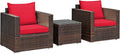 COSTWAY 3-Piece Patio Furniture Set, Outdoor Wicker Rattan Sofa with Cushions and Coffee Table with Tempered Glass, Modern Conversation Chair Set for Poolside Backyard Balcony Lawn (Red)