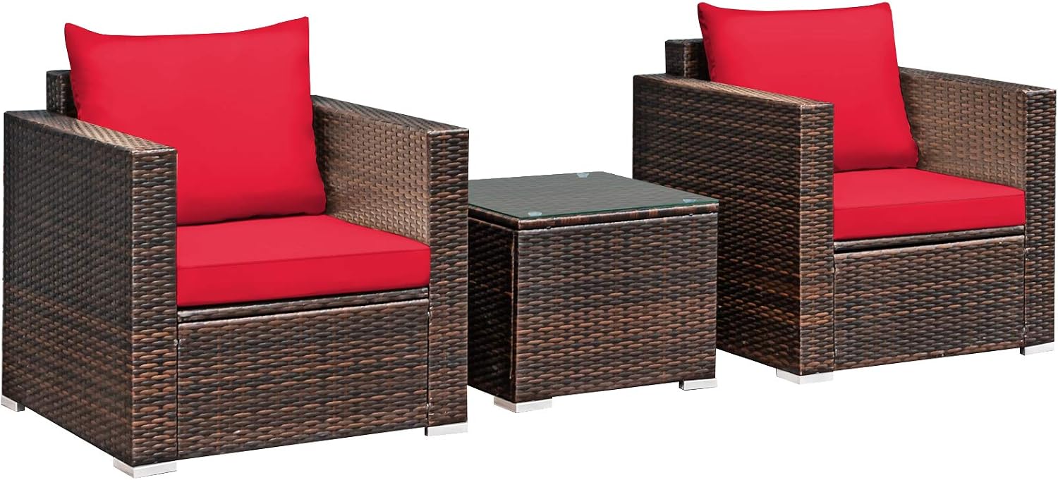 COSTWAY 3-Piece Patio Furniture Set, Outdoor Wicker Rattan Sofa with Cushions and Coffee Table with Tempered Glass, Modern Conversation Chair Set for Poolside Backyard Balcony Lawn (Red)