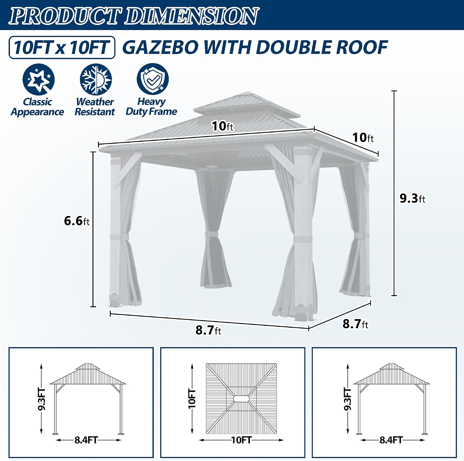 COVERONICS 10'x10' Outdoor Wood Gazebo - Hardtop Wooden Gazebo with Galvanized Steel Roof, Heavy-Duty Pavilion with Netting & Curtains for Garden, Poolside, Deck, Backyard