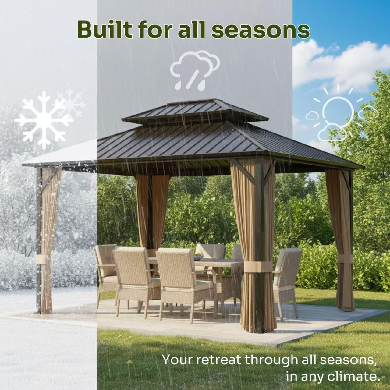 10x12ft Hardtop Gazebo, Metal Pavilion with Mesh Mosquito Netting & Curtains, All-Weather Outdoor Pergola for Garden, Patio, and Backyard（A Set of 2 Boxes）