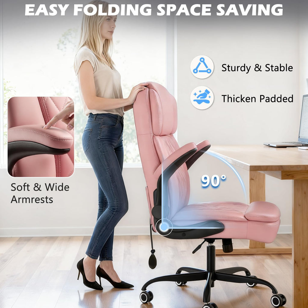 450 LBS Big and Tall Executive Office Chair with Flip up Arm, Heavy Duty Leather Computer Desk Chair,Comfortable High Back Swivel Home Office Chair with Rolling for Adults (Pink)