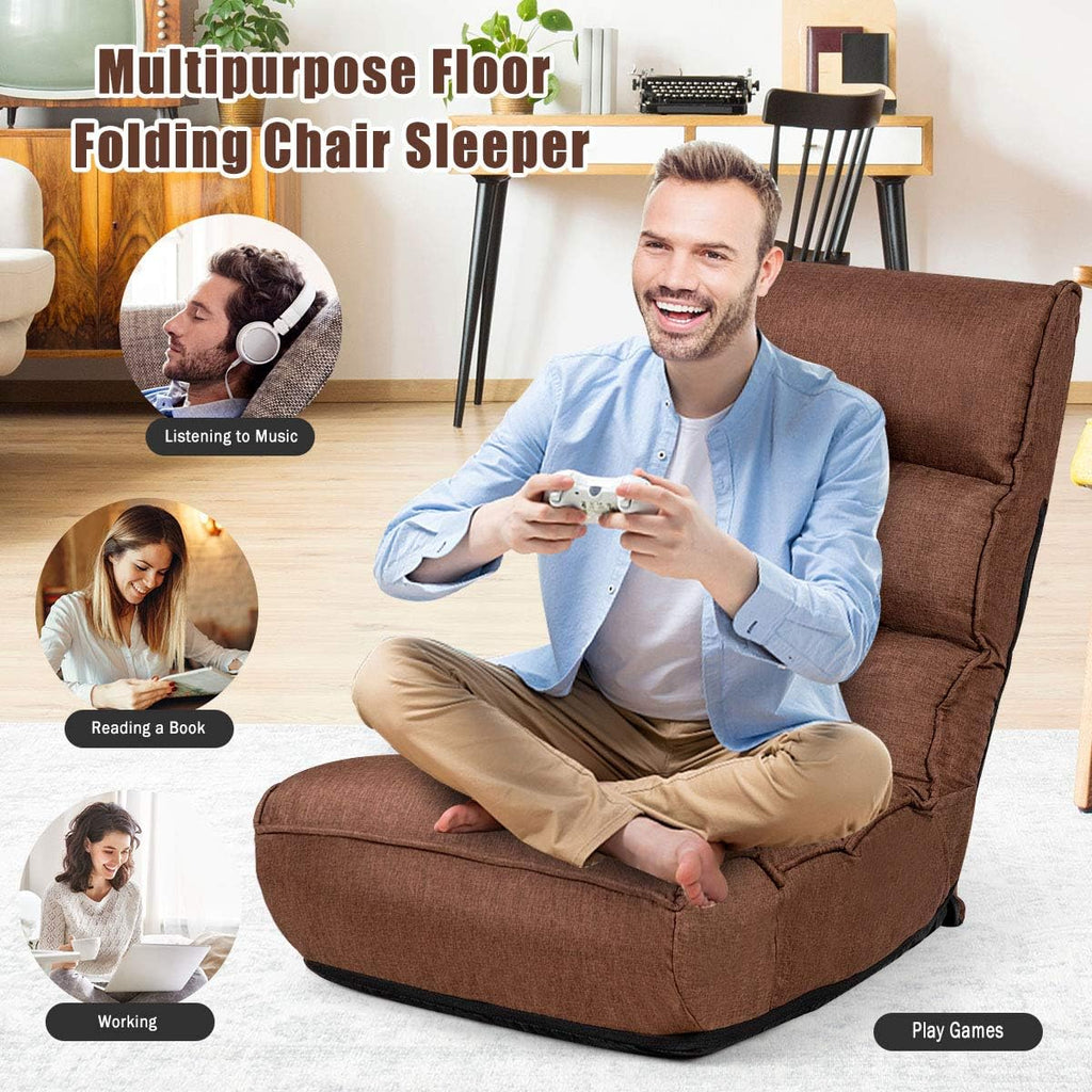 Giantex Floor Chairs for Adults with 4-Position Adjustable Back, 6-Position Adjustable Headrest, Side Pocket, No Assembly Required, Banana Chairs, Folding Gaming Chair Floor, Brown