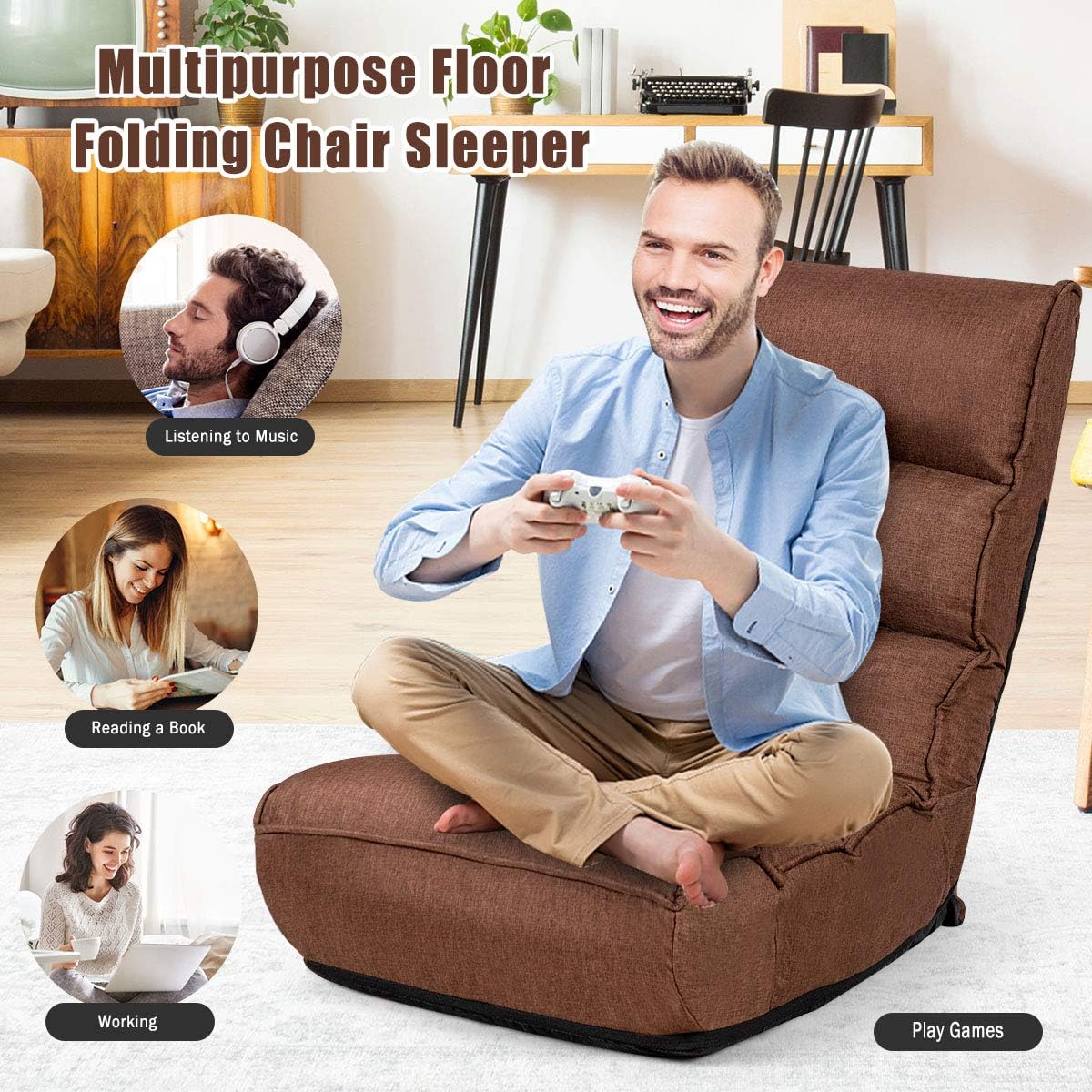 Giantex Floor Chairs for Adults with 4-Position Adjustable Back, 6-Position Adjustable Headrest, Side Pocket, No Assembly Required, Banana Chairs, Folding Gaming Chair Floor, Brown