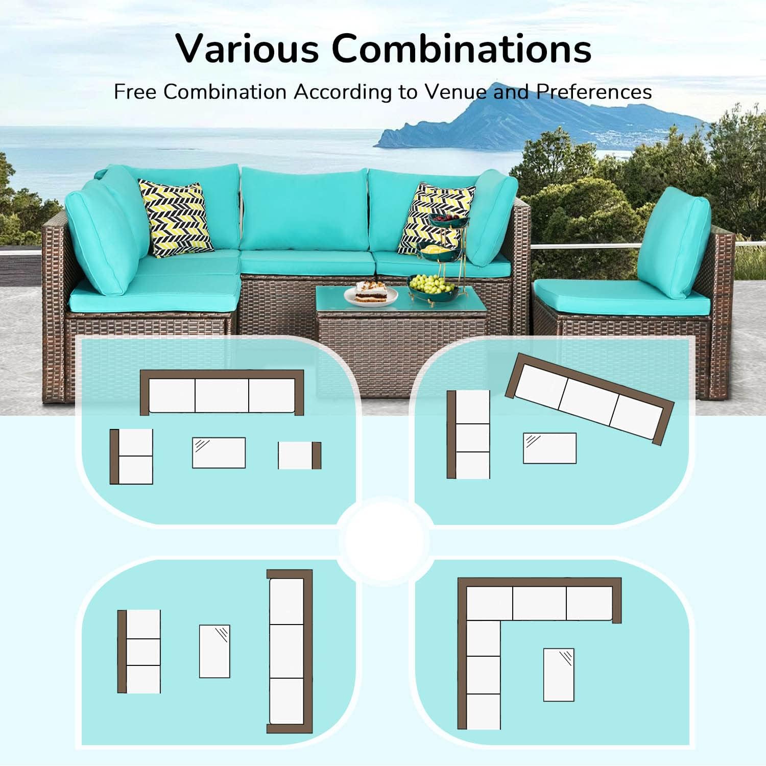 PayLessHere Patio Furniture Set 7 Pieces Outdoor Furniture Wicker Conversation Set Sectional Sofa and Coffee Table Wicker Patio Conversation Sets for Backyard Porch Balcony Poolside,Blue Cushion