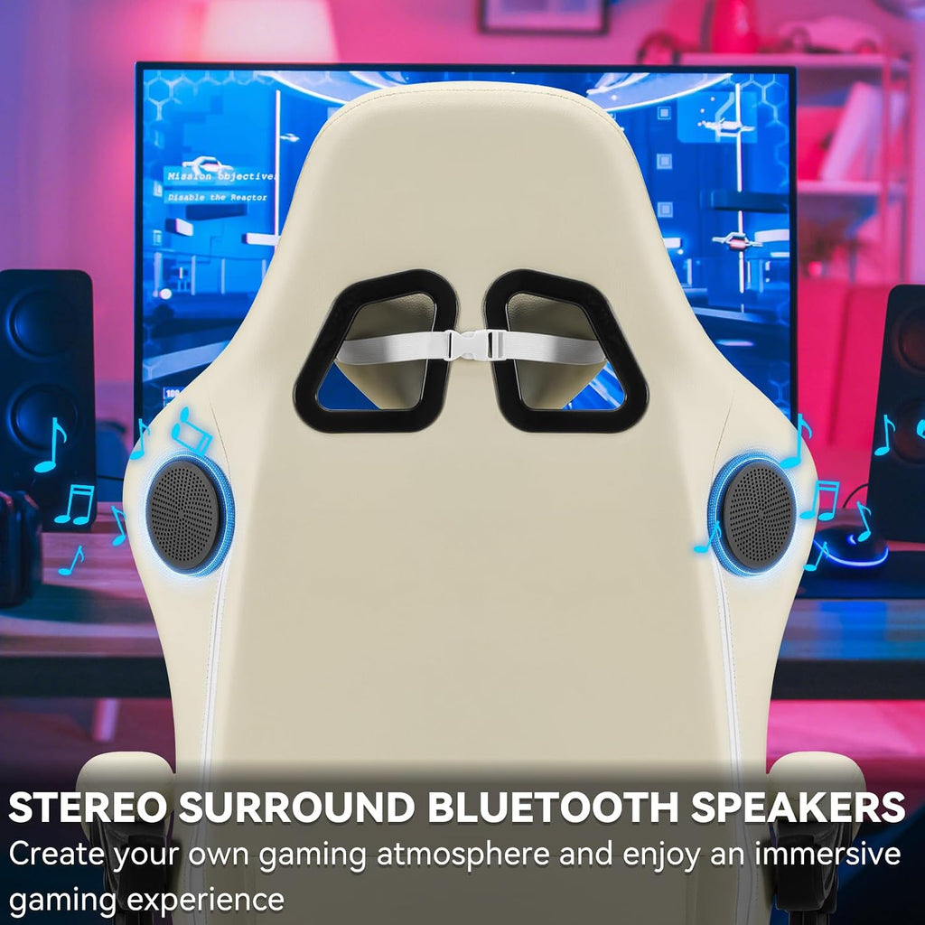HOFFREE Gaming Chair with Speakers Massage Computer Gaming Chair with Pocket Spring Cushion for Adults Reclining Gamer Chair with Bluetooth Video Game Chairs with Footrest Ivory